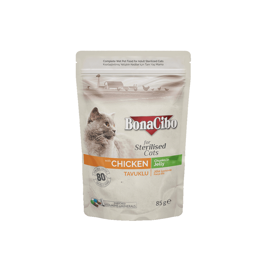 BonaCibo Adult Pouch Sterilized Chicken Chunks In Jelly 85g