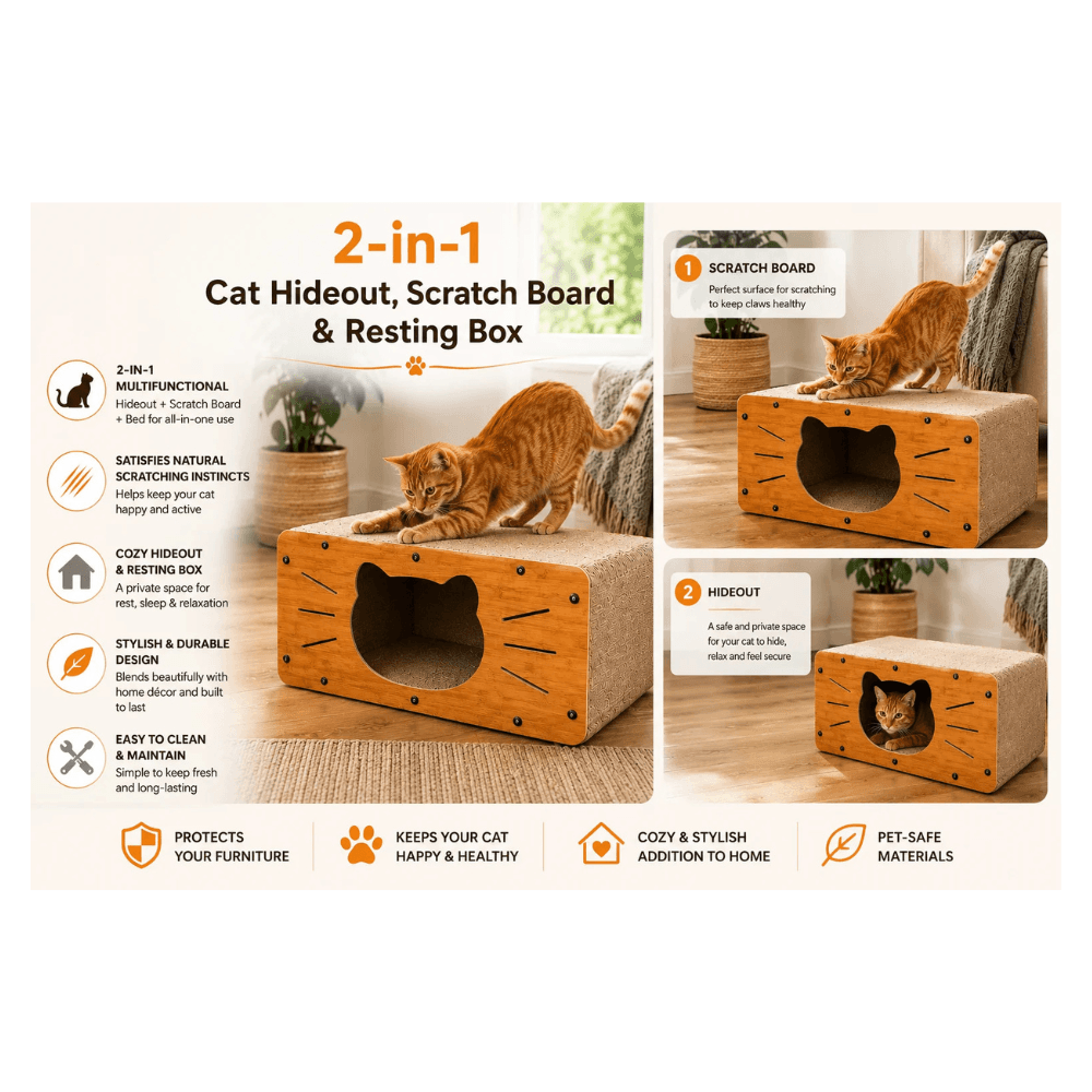 Foldable Wooden Meow-Design Cat Scratcher Box & Scratching Toy House