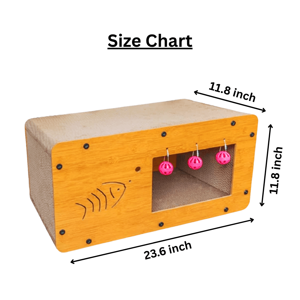 Foldable Wooden Fish-Design Cat Scratcher Box & Scratching Toy House with Ball