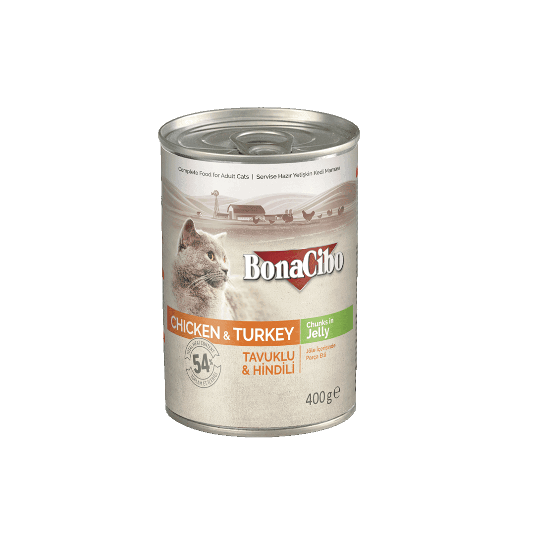 BonaCibo Canned Cat Food Chicken & Turkey Chunks In Jelly 400g