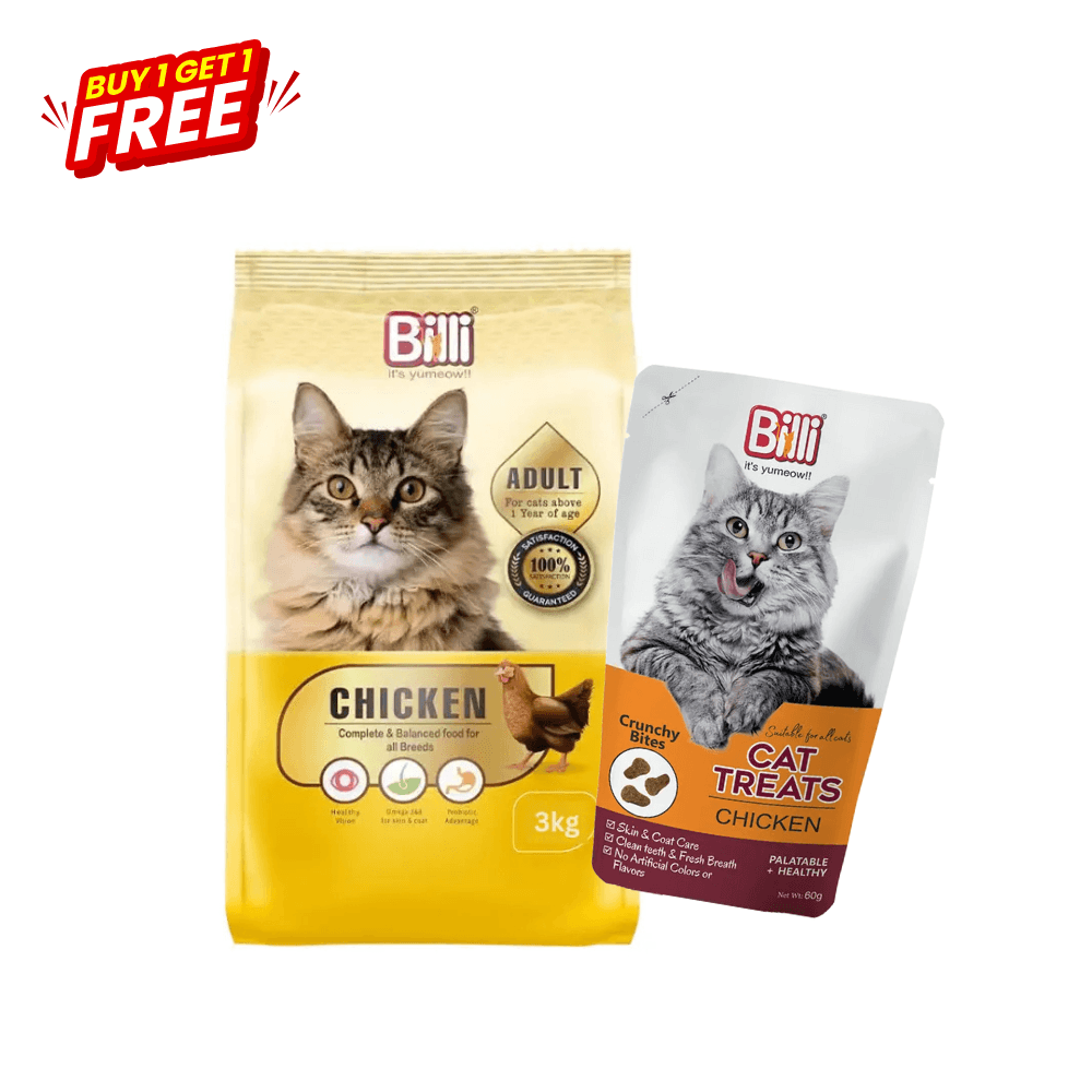 Billi Adult Dry Cat Food Real Chicken 3kg + Billi Treat Chicken 60gm (BUY 1 GET 1 FREE)
