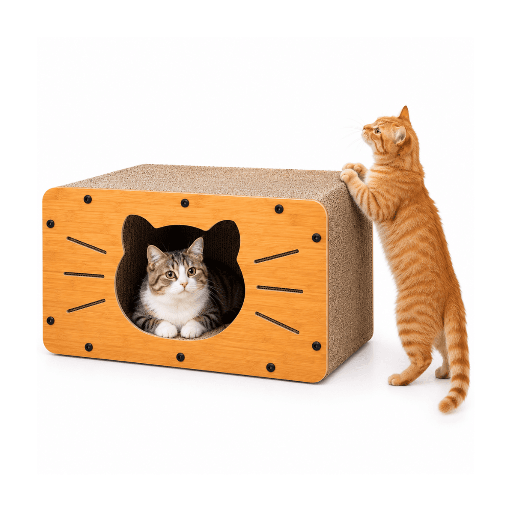 Foldable Wooden Meow-Design Cat Scratcher Box & Scratching Toy House