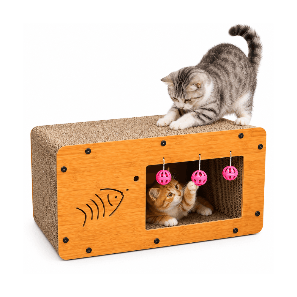 Foldable Wooden Fish-Design Cat Scratcher Box & Scratching Toy House with Ball